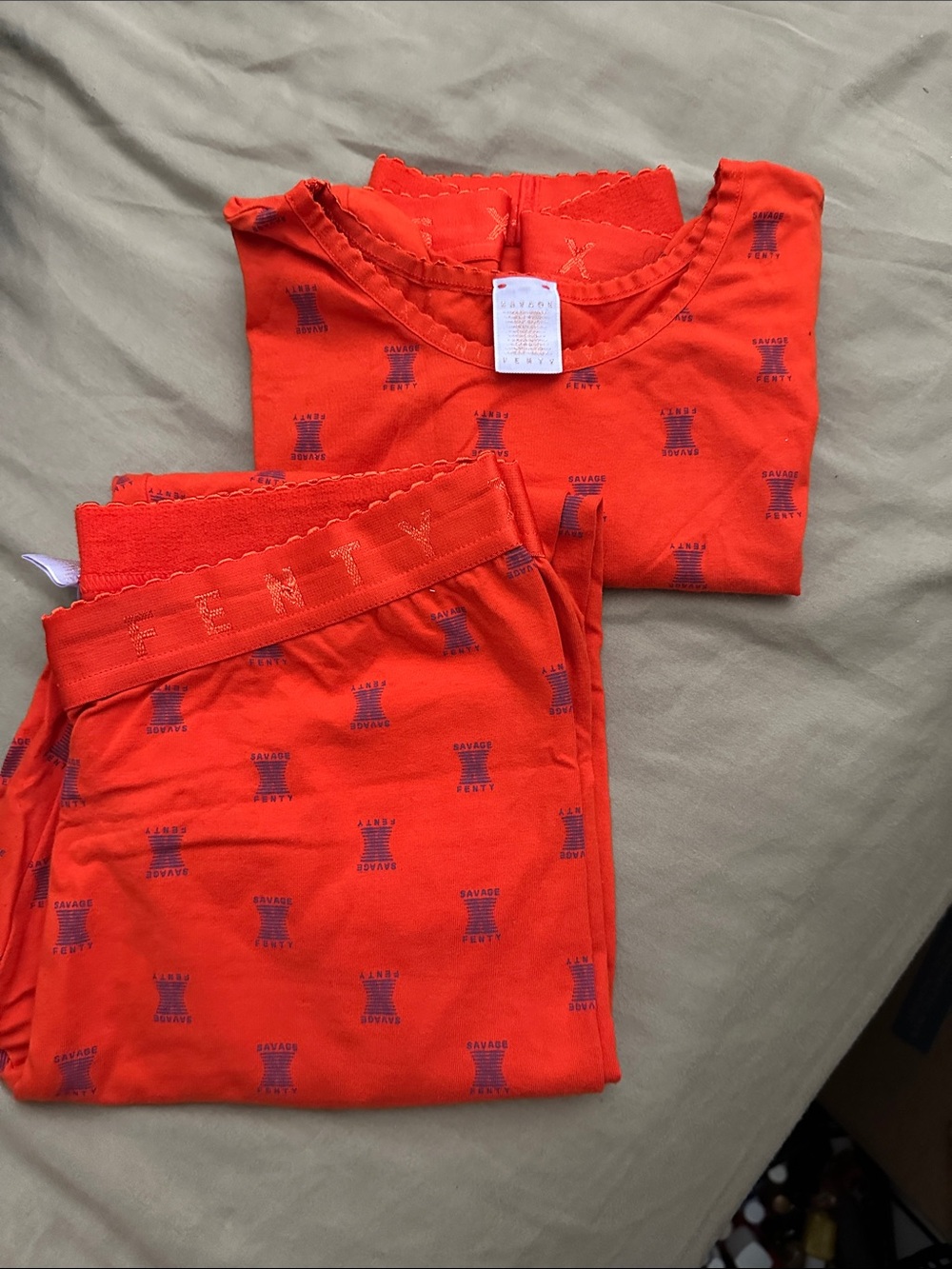 Savage X Fenty Orange Pajama Set with Purple Logo Print